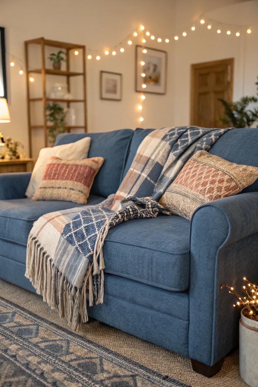 Layering adds warmth and coziness to a denim blue sofa.