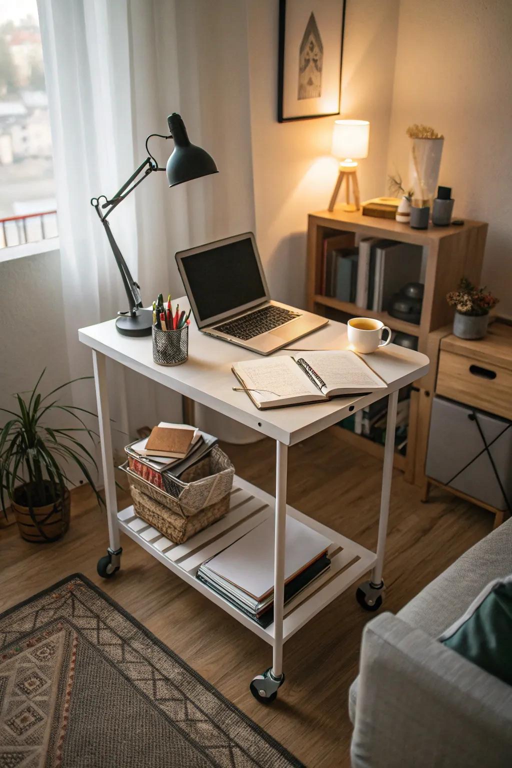 Portable desks offer mobility and adaptability.