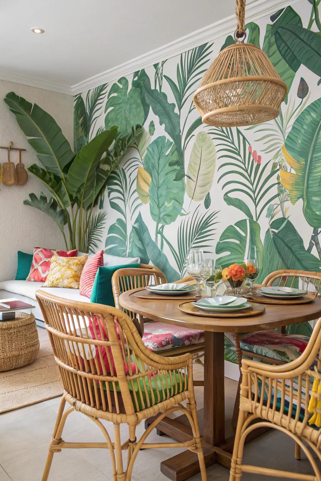 Tropical leaf wallpaper transforms the dining room into a vibrant oasis.