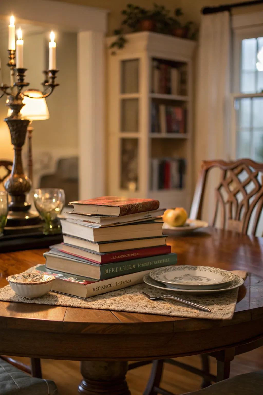 A dining table with a stack of favorite books.