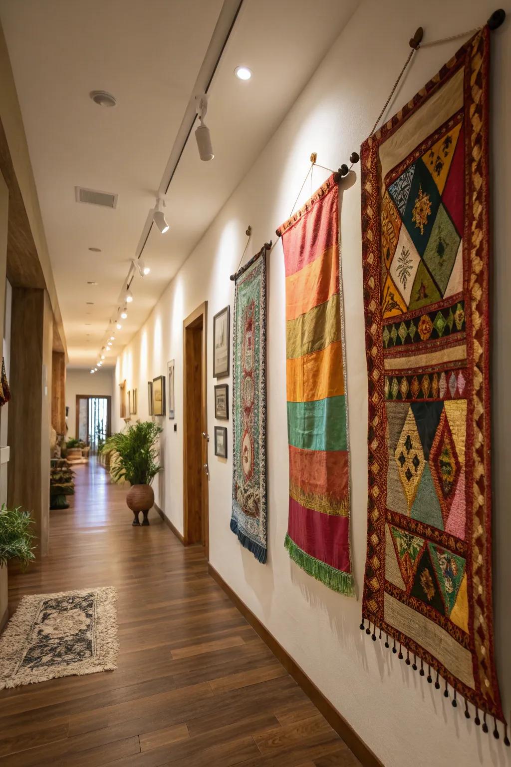 Wall hangings with cultural fabrics adding texture and stories.