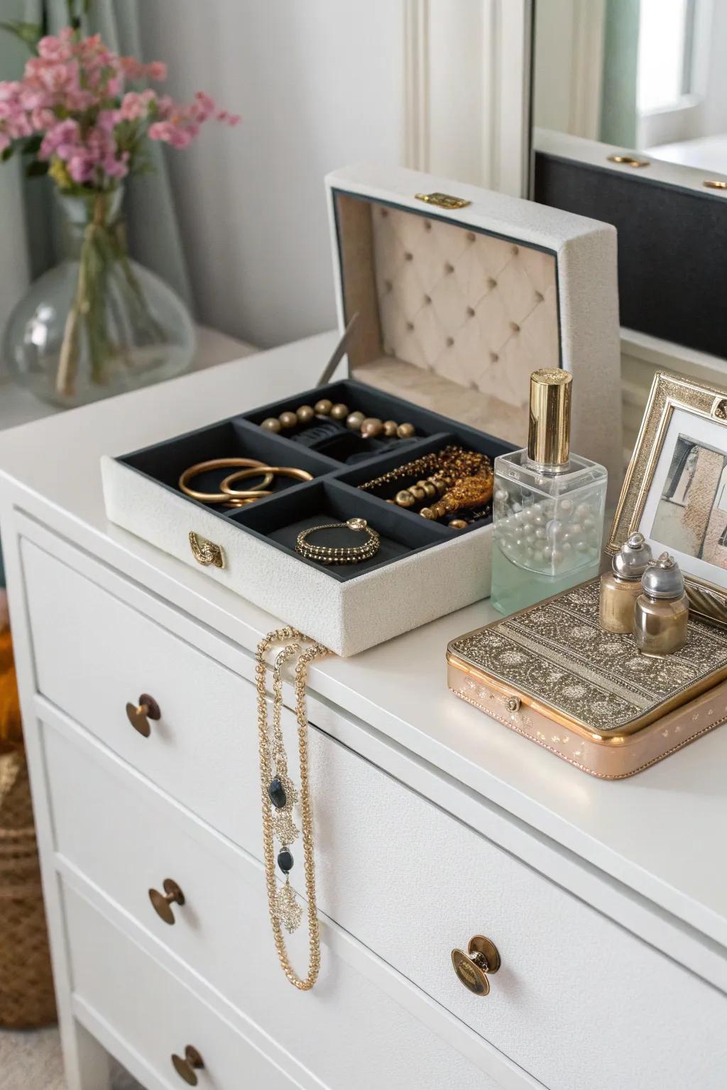 Functional decor pieces add beauty and utility to the dresser.