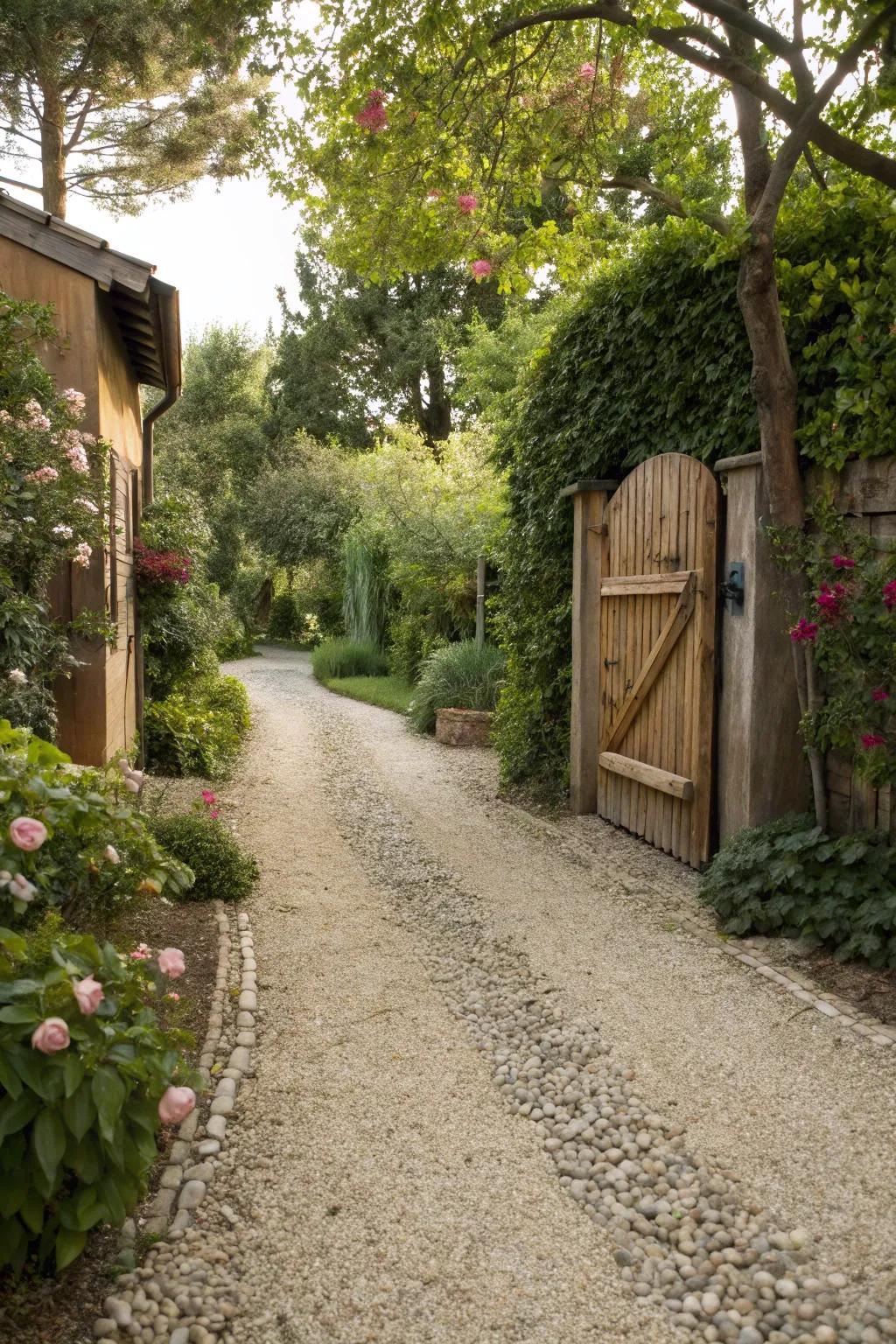 Sustainable and rustic eco-friendly gravel driveway.