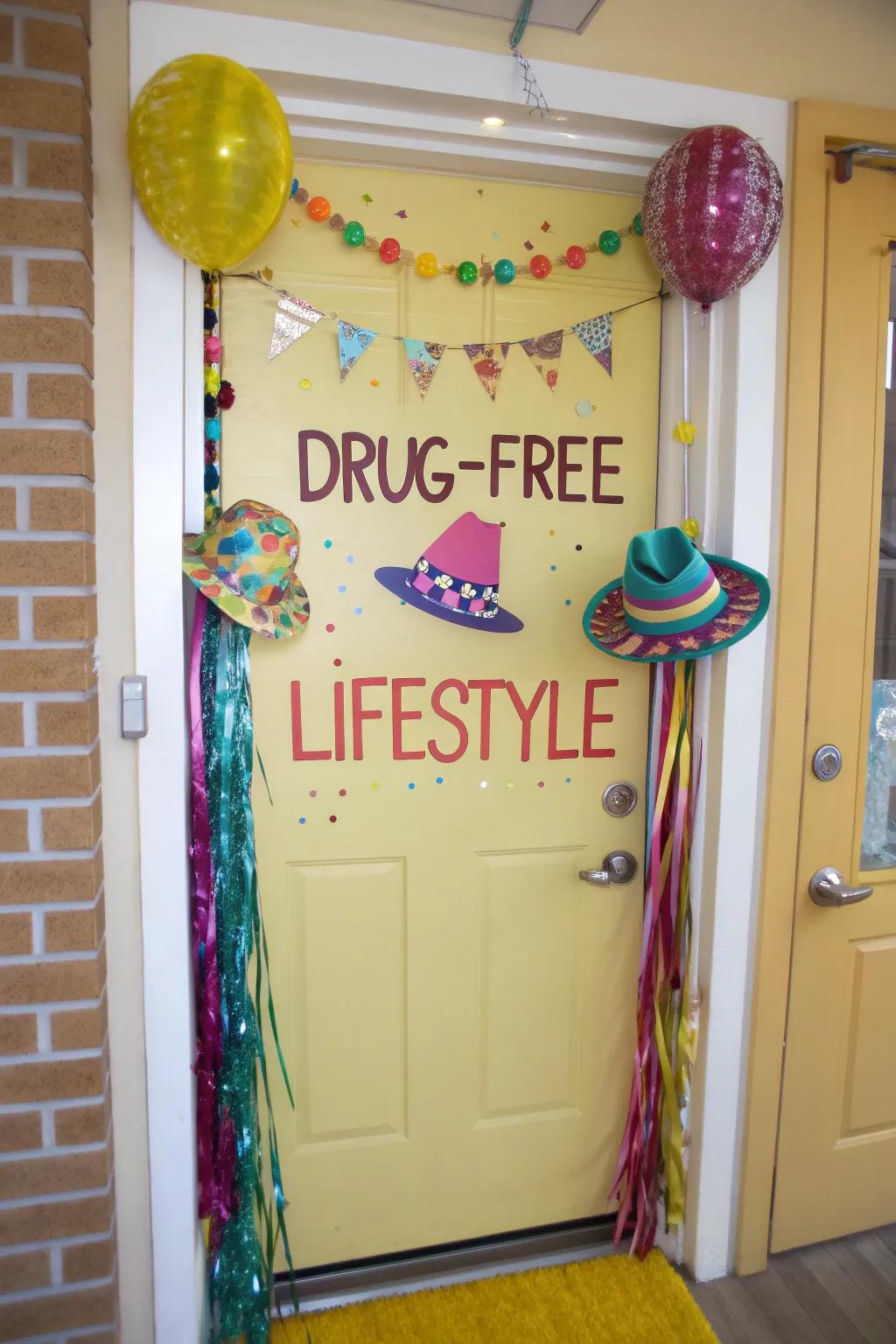 A party-themed door decoration celebrating a drug-free life.