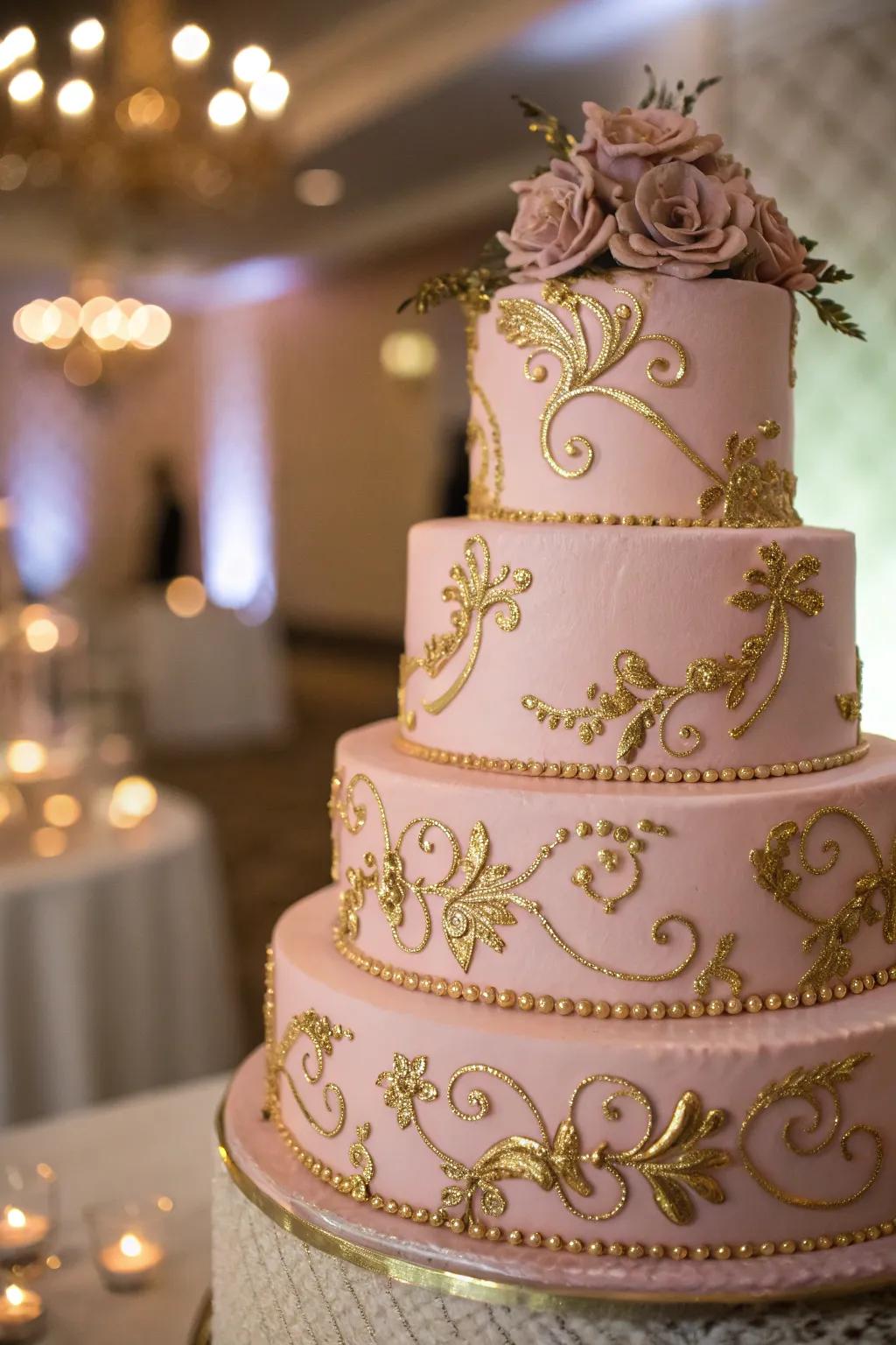 Elegant dusty rose and gold wedding cake.