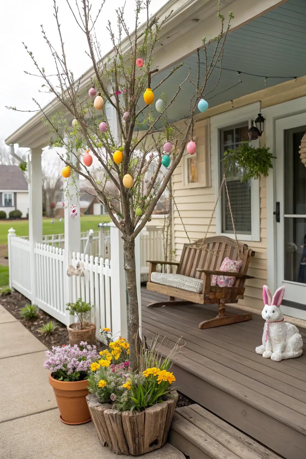 An Easter tree serves as a stunning porch centerpiece.