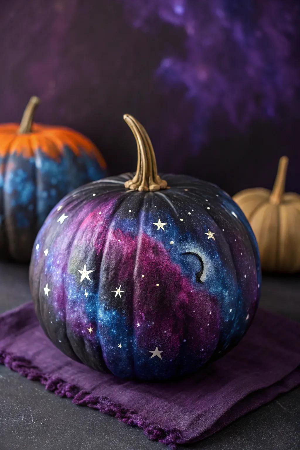 A galaxy-themed pumpkin makes an out-of-this-world addition to any Halloween setup.