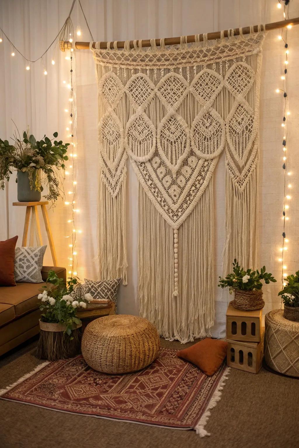 Macrame backdrops bring texture and bohemian charm.