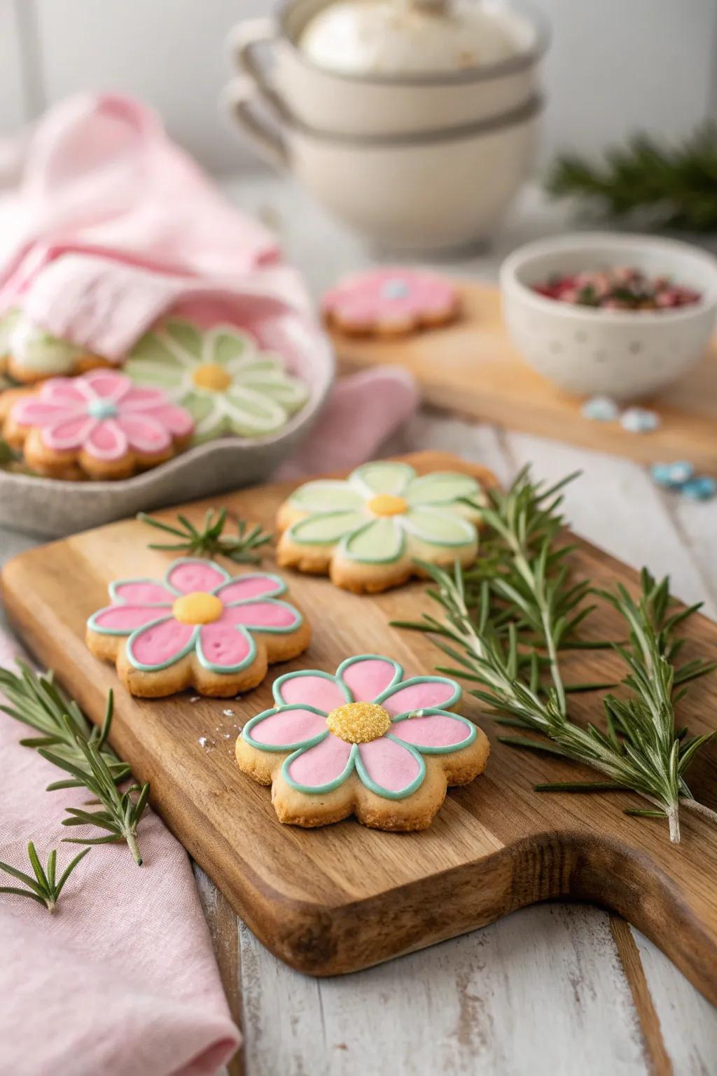 Elegant flower cookies with a herbal twist.