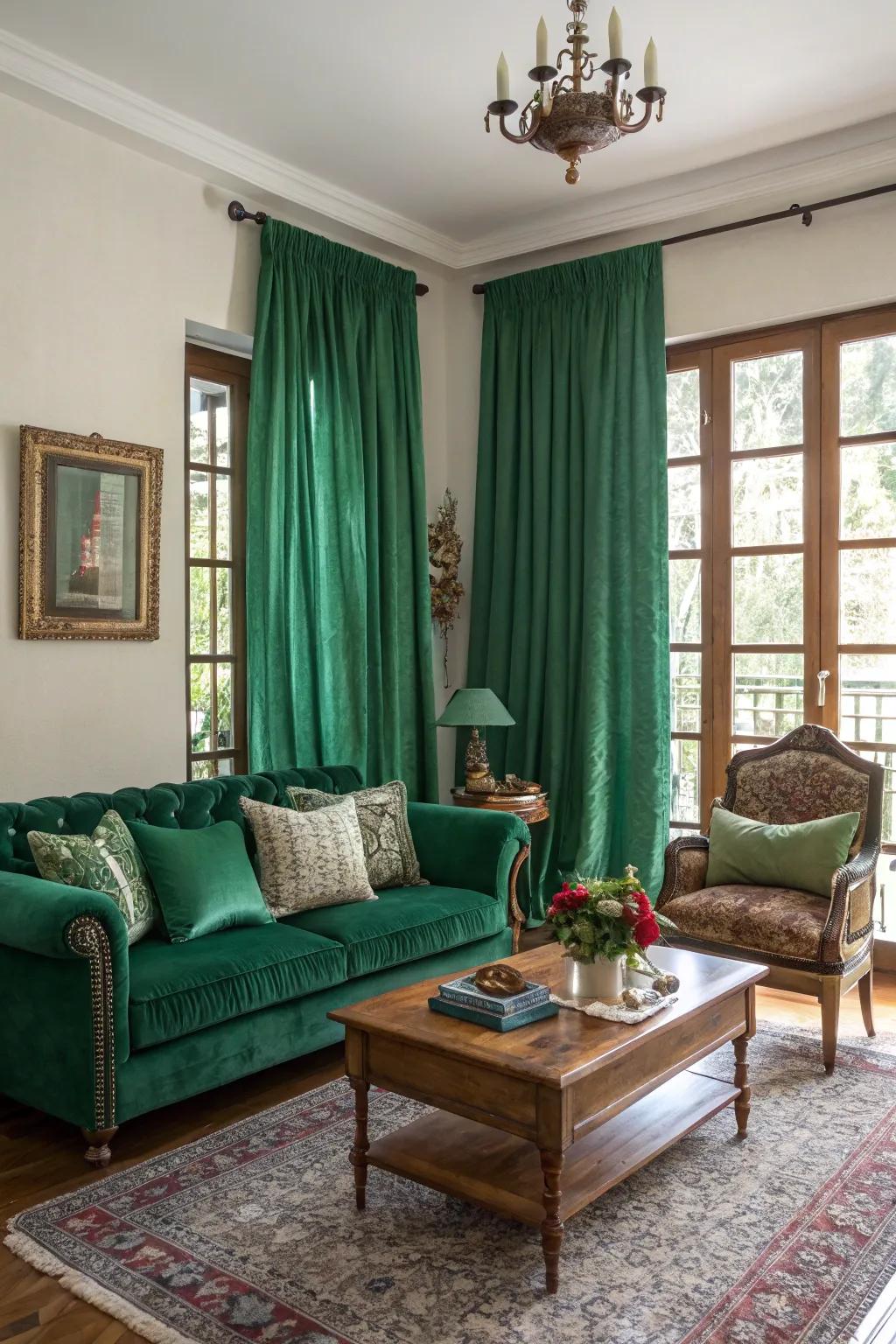 Vintage touches complement the emerald green theme.