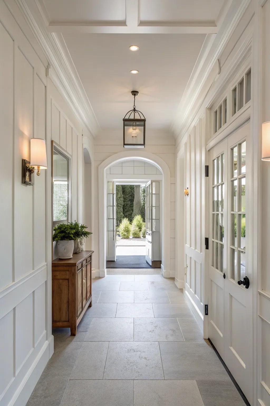 Minimalist white panels create a clean and serene entryway.