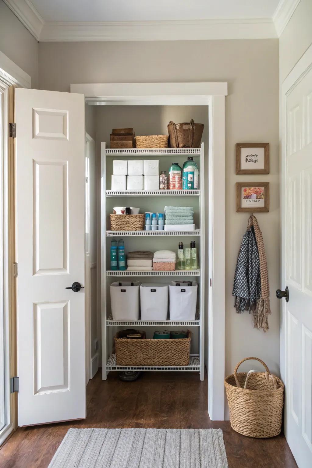 Over-the-door shelving provides additional storage solutions.