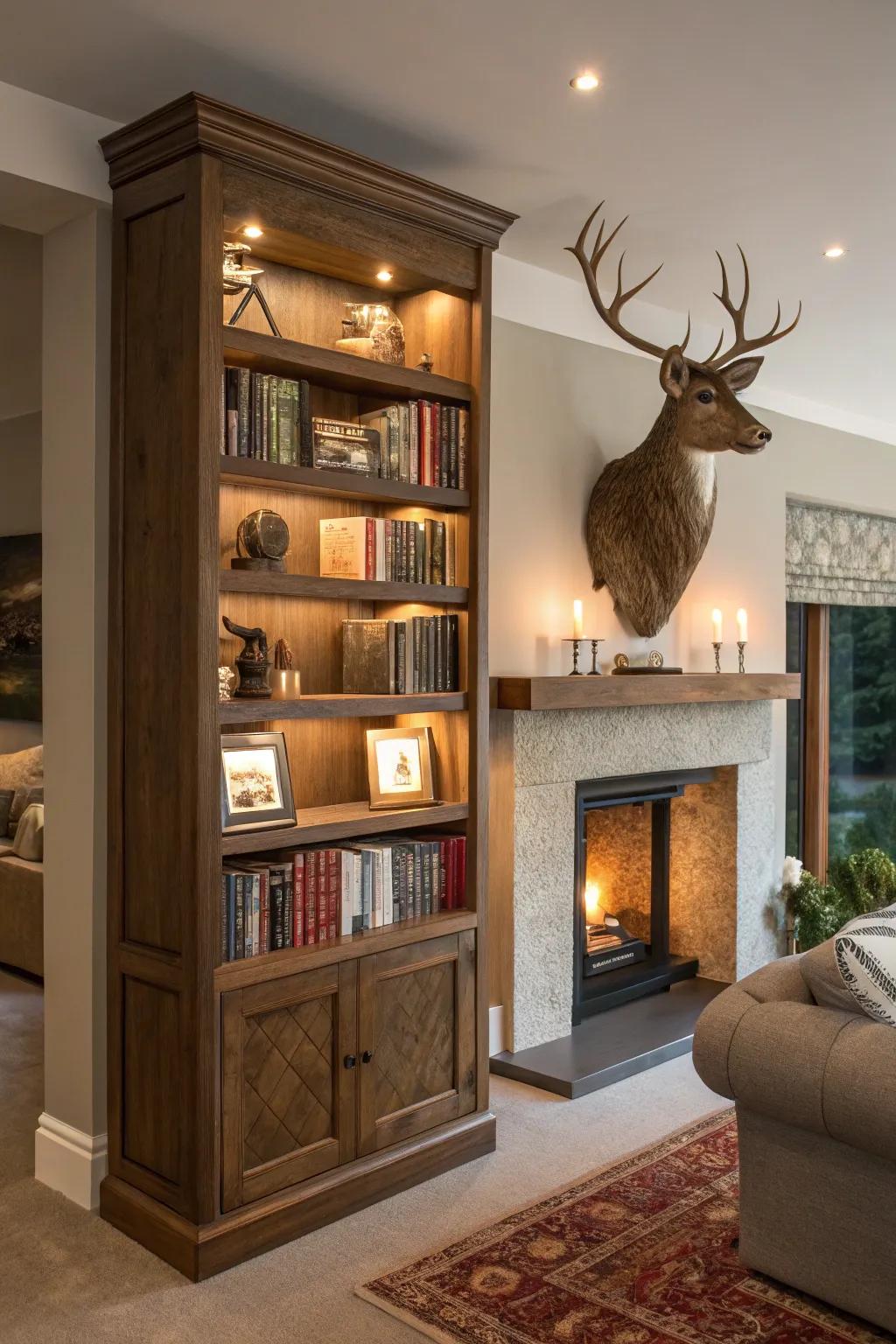 A surprising mount placement within a bookcase.