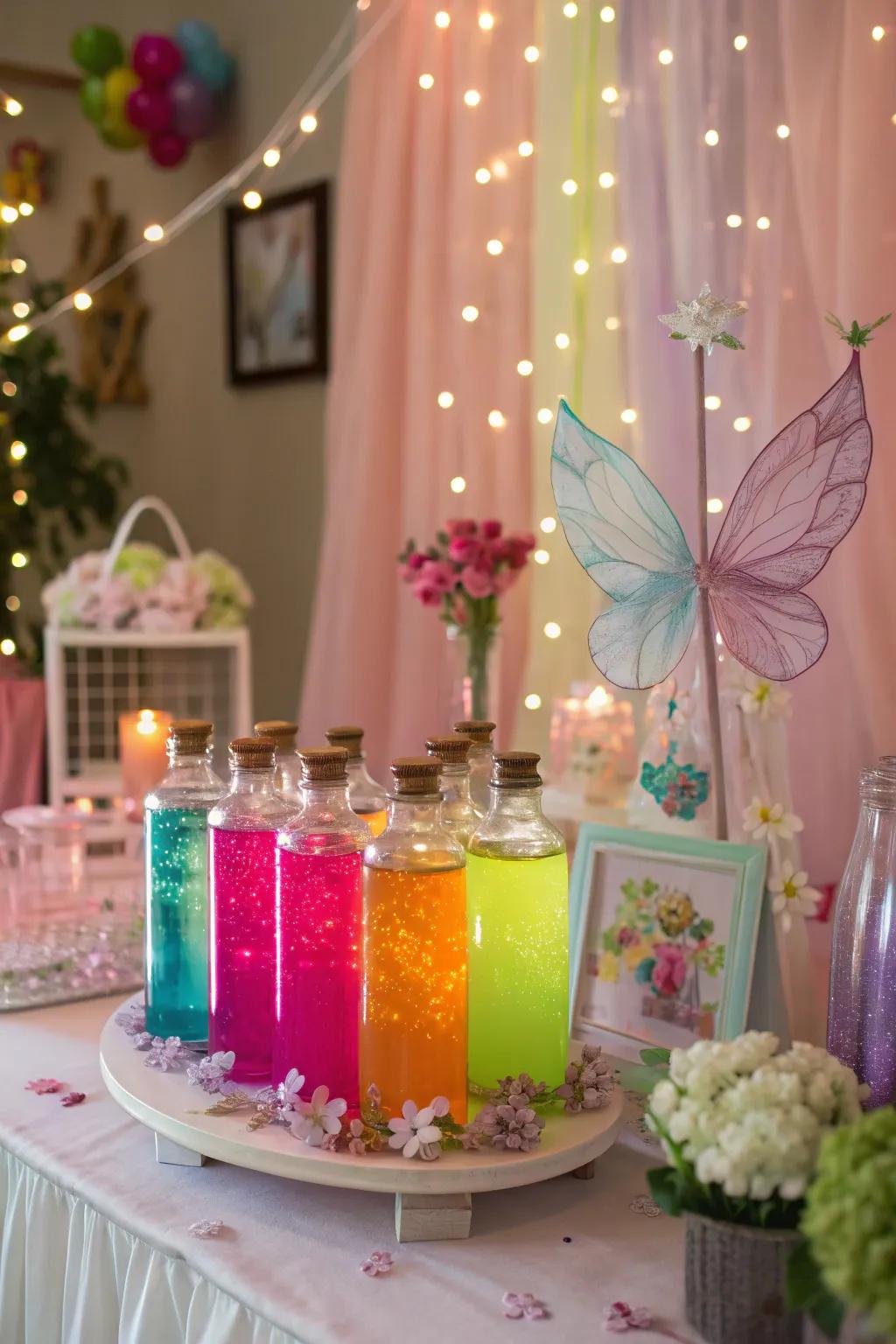 An enchanting fairy potion station offering magical drinks.