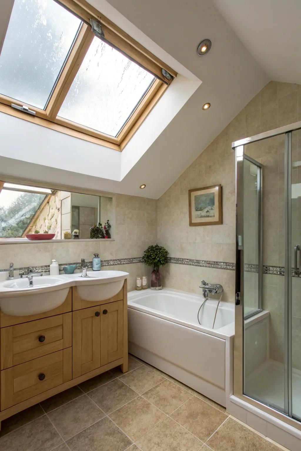 A skylight enhances the bathroom's natural beauty.