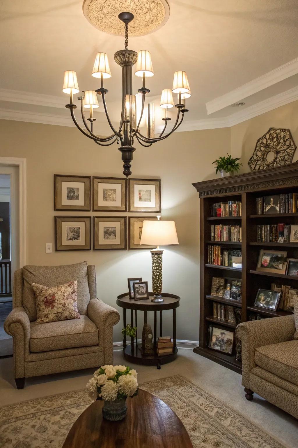 A family room beautifully lit with layered lighting sources.