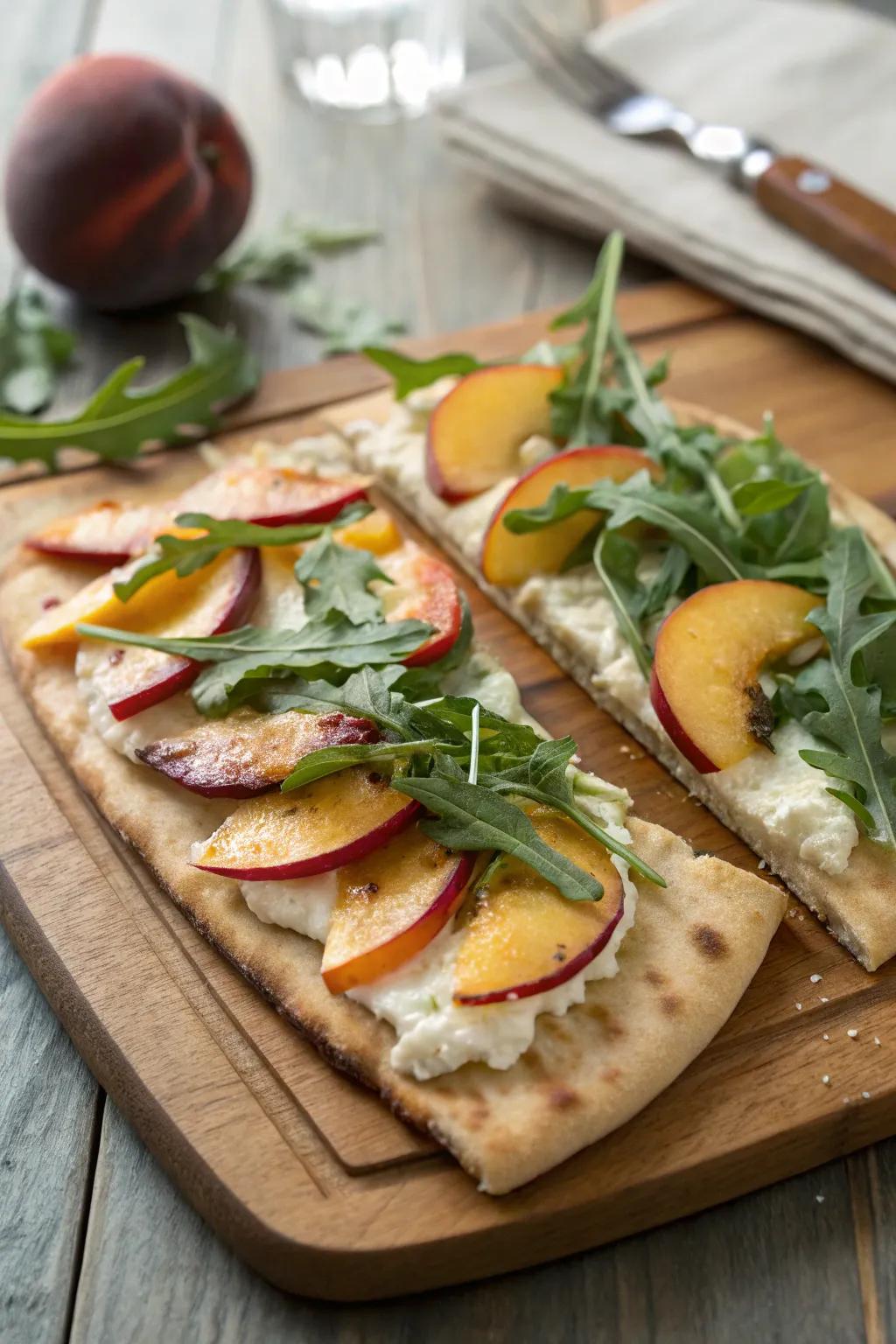 Peach and arugula flatbread, a sweet and savory delight.