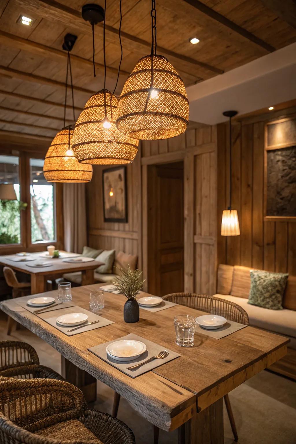 Earthy materials introduce a natural and grounded element to your dining area.