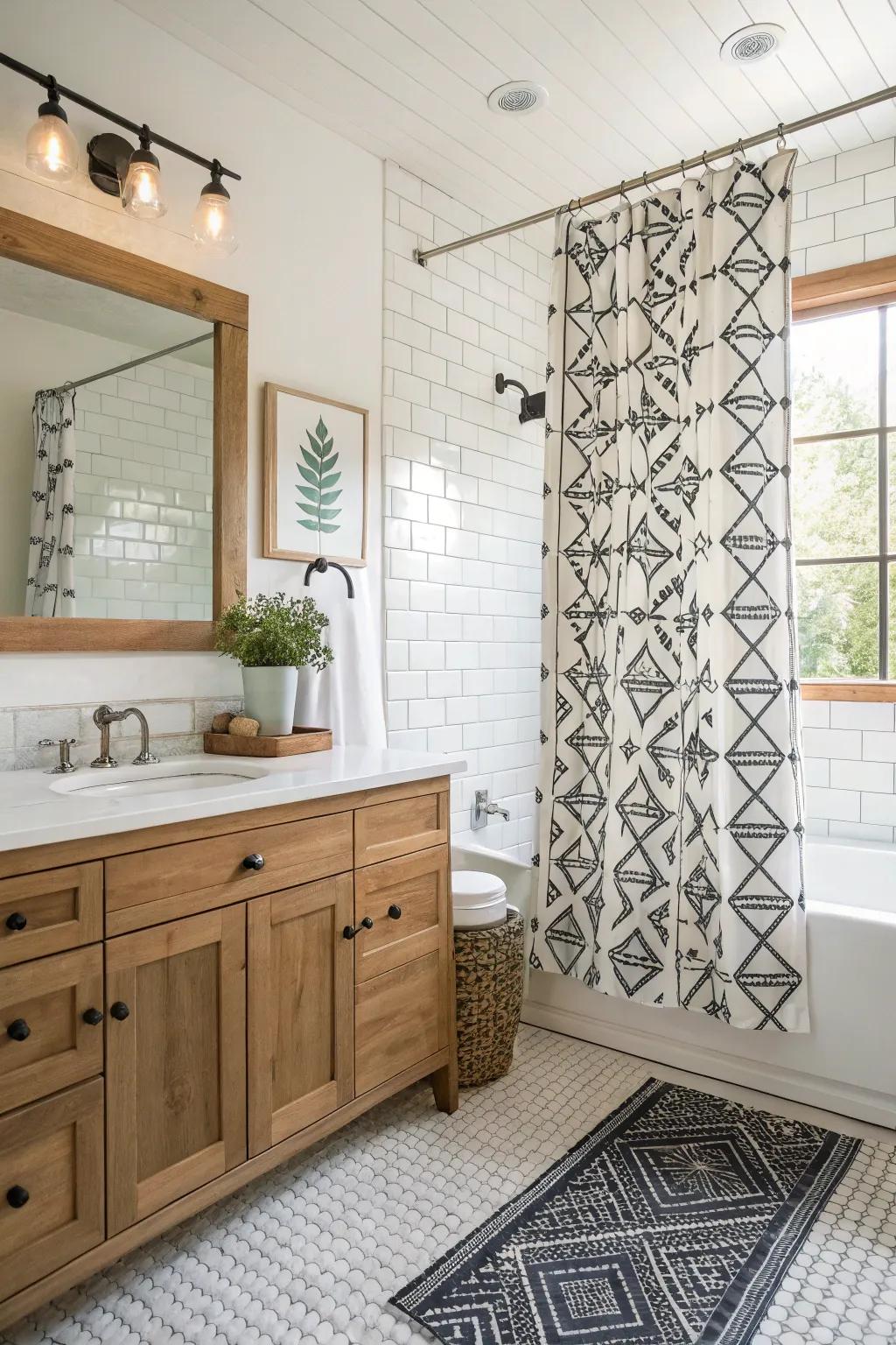 A modern farmhouse bathroom with a geometric pattern shower curtain.