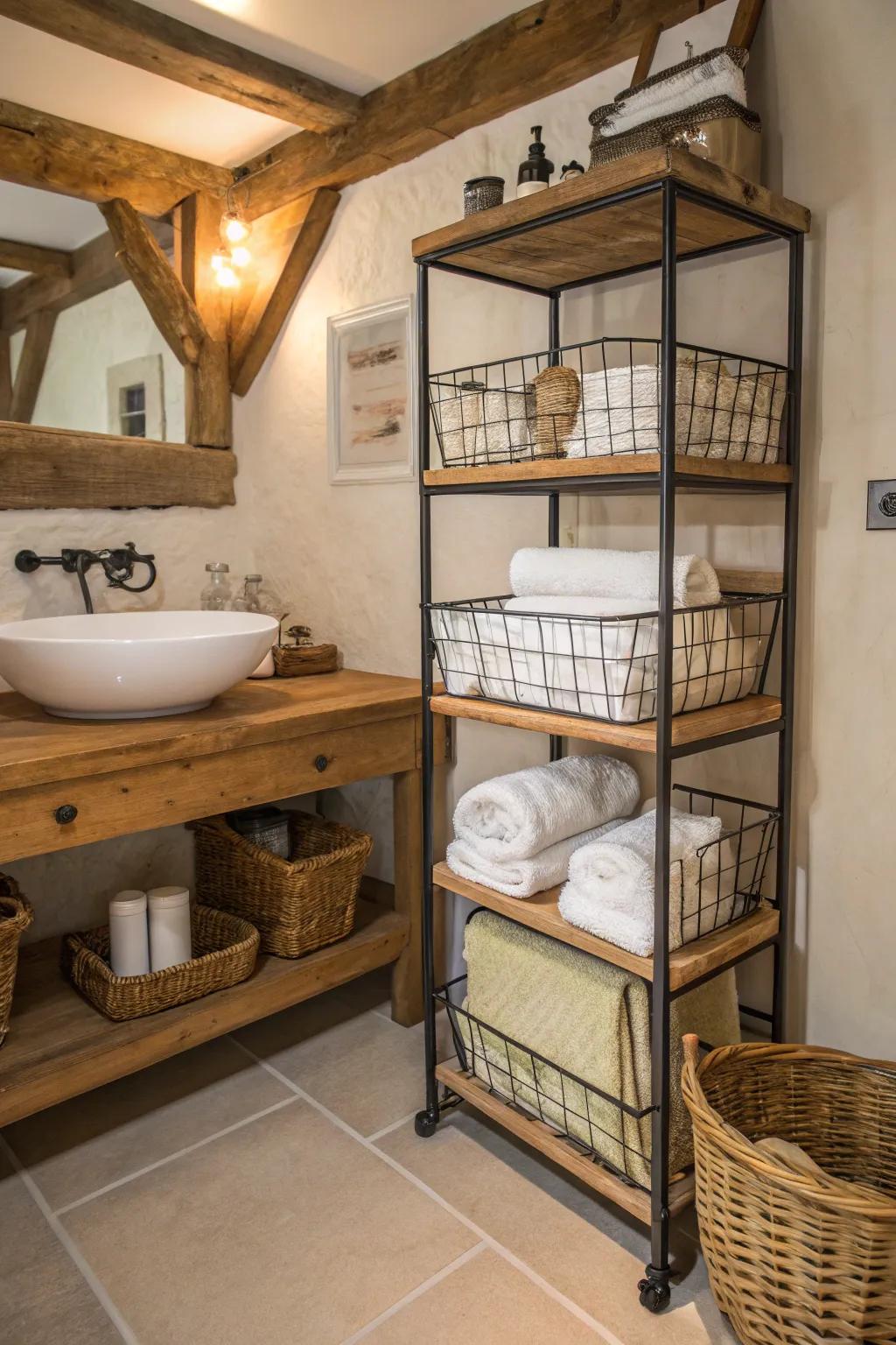 Wire baskets provide practical and stylish storage in this bathroom.