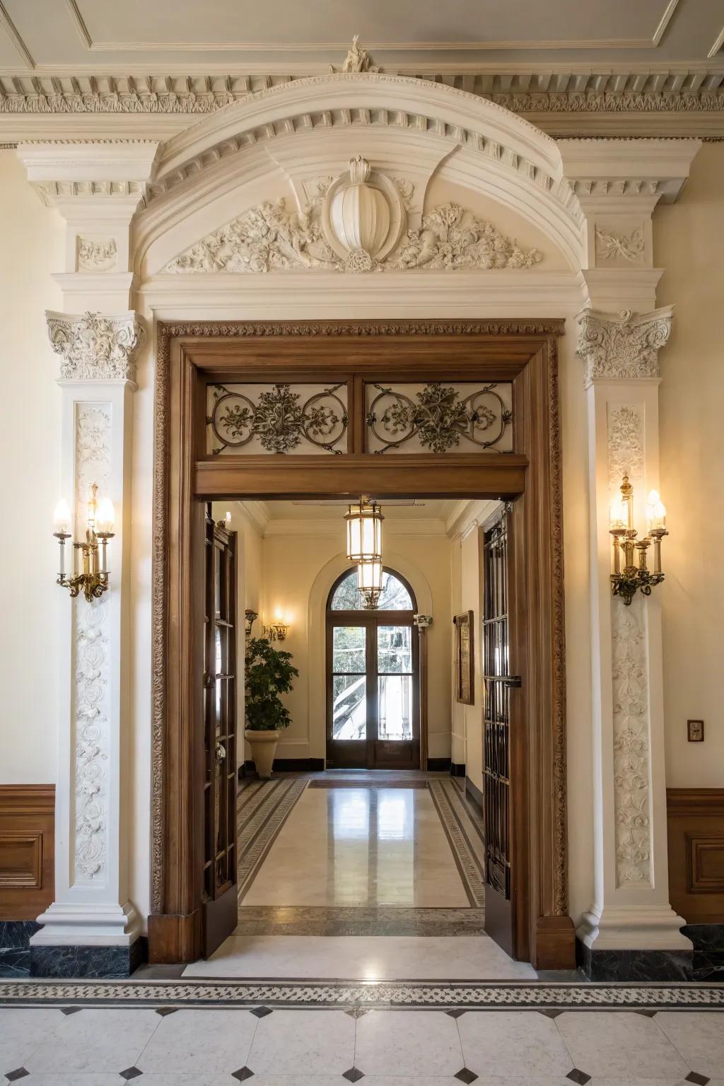 Grand entrances with faux crown molding.