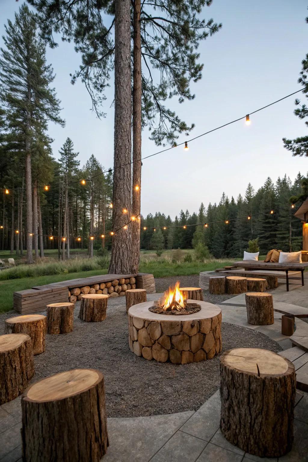 Tree stump seats add a whimsical, natural touch to the fire pit area.