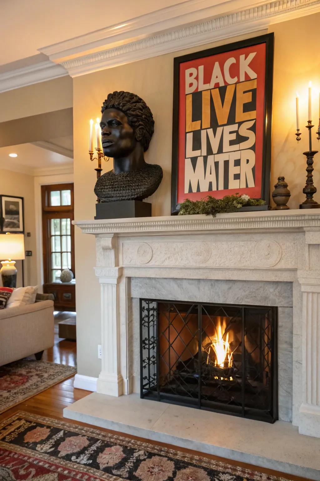 A bold statement piece creating a strong focal point on the mantel.