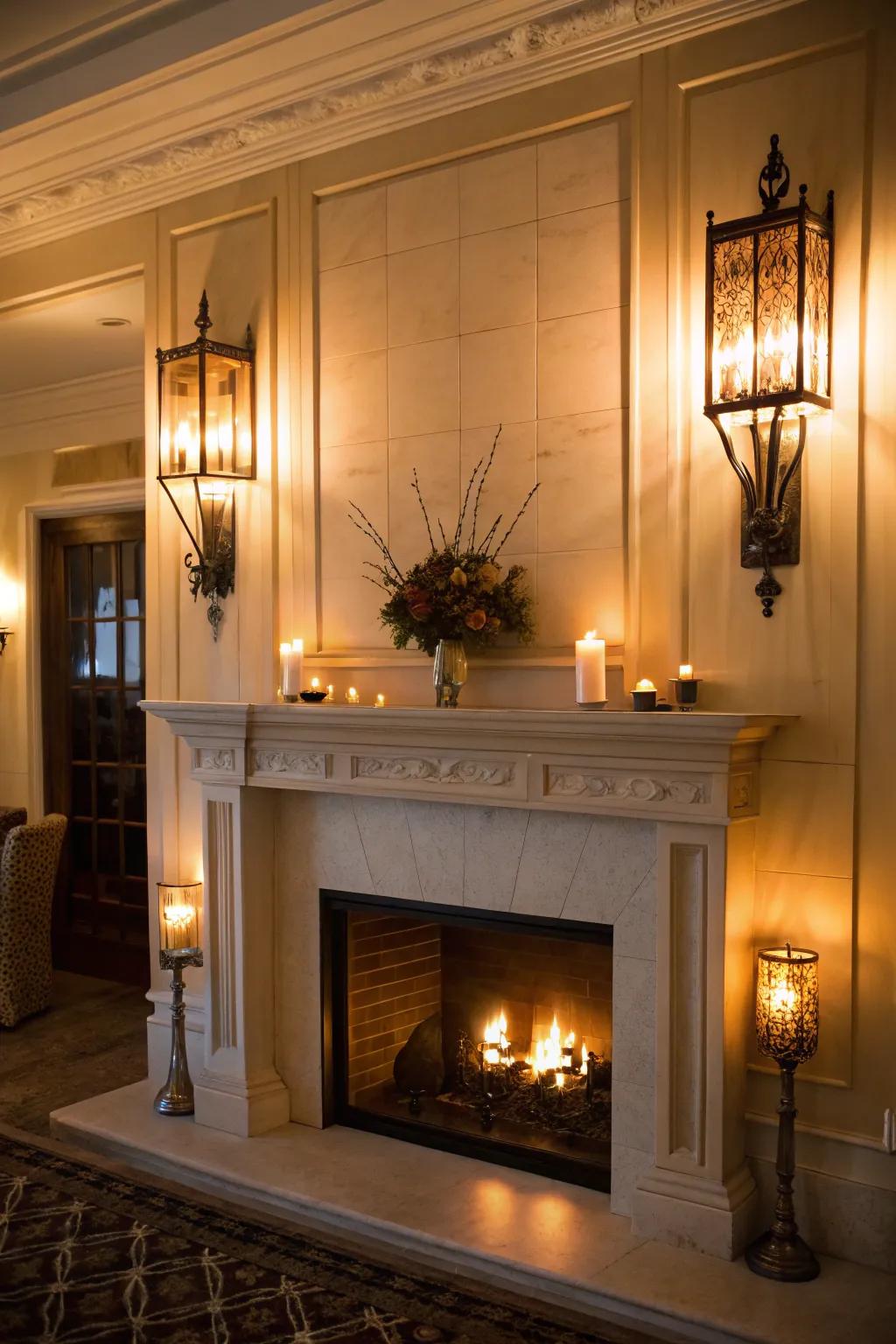 Layered lighting highlights the beauty of the fireplace millwork.