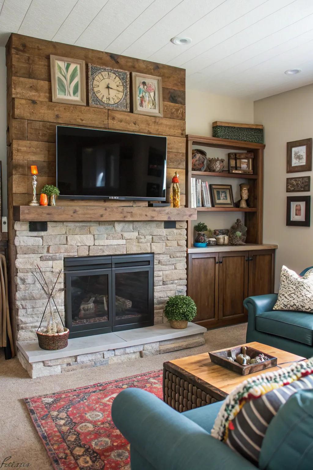 A living room featuring a mixed material fireplace wall with TV.