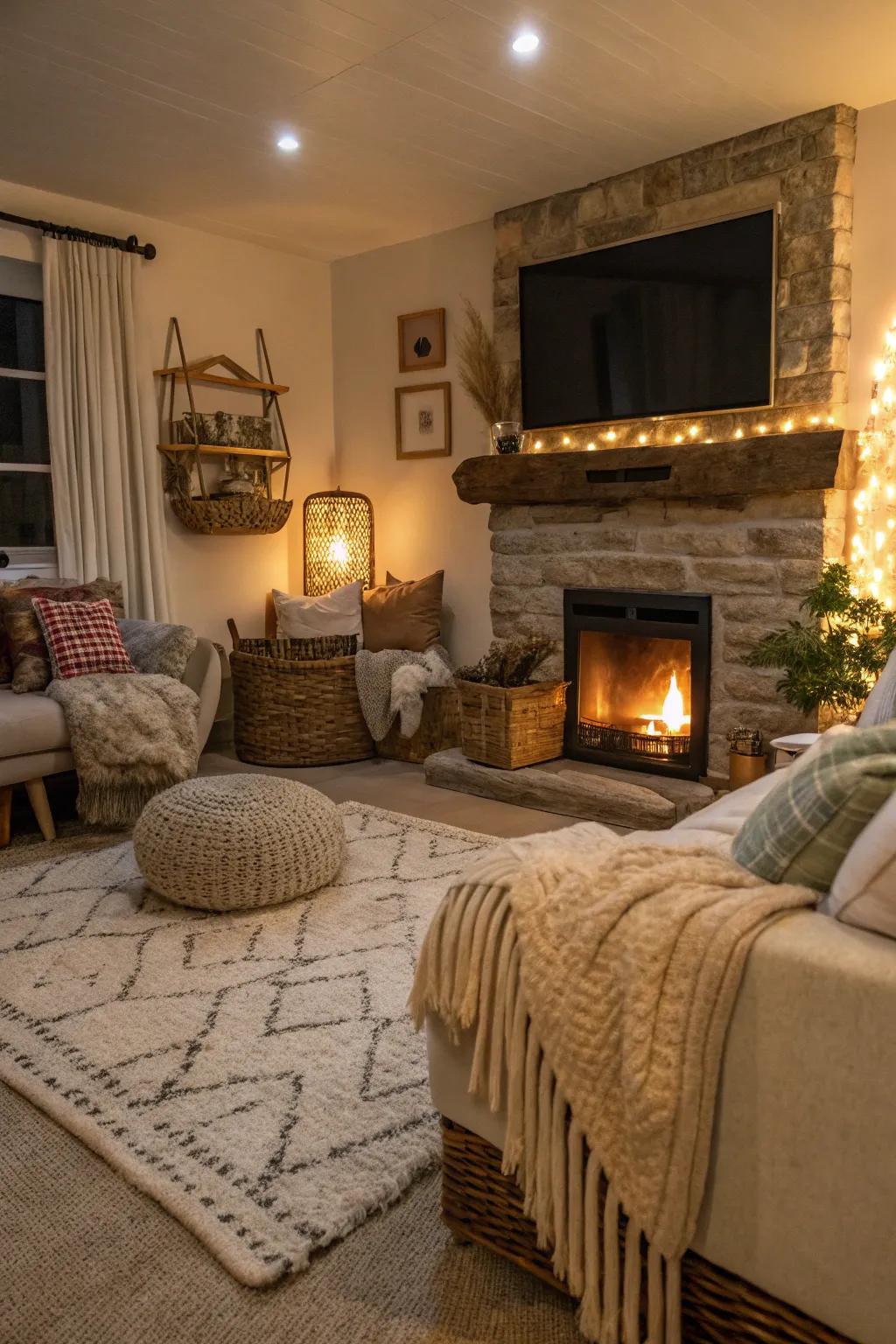 A cozy living room with mixed textures around a fireplace and TV.