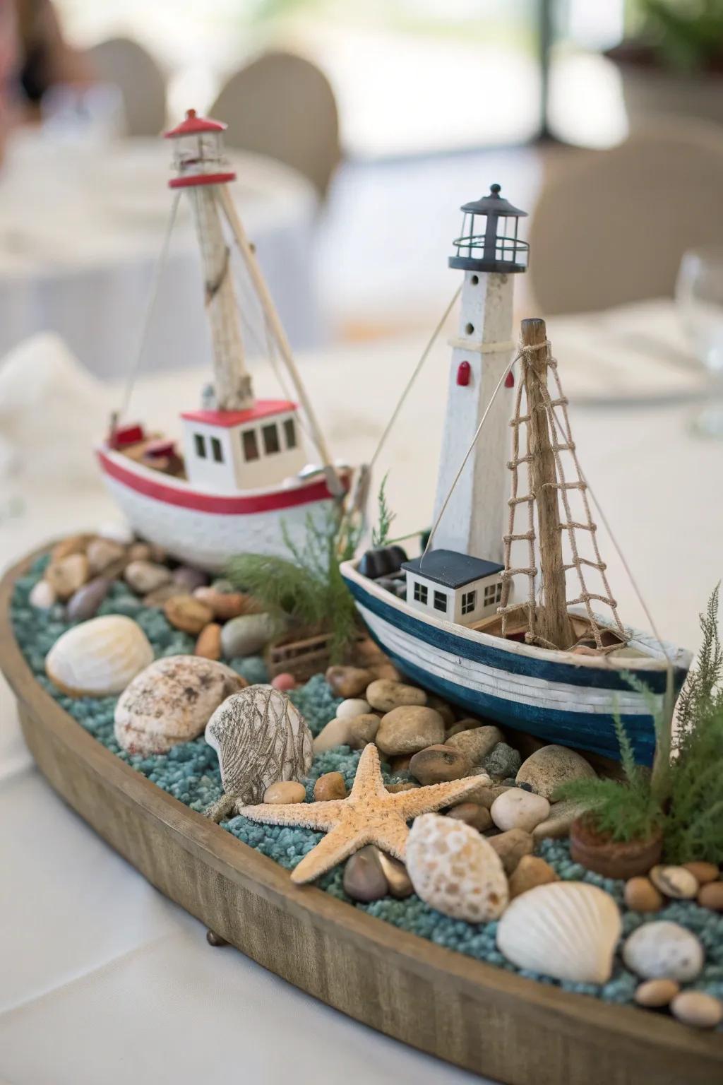 Miniature boat models add nautical charm.