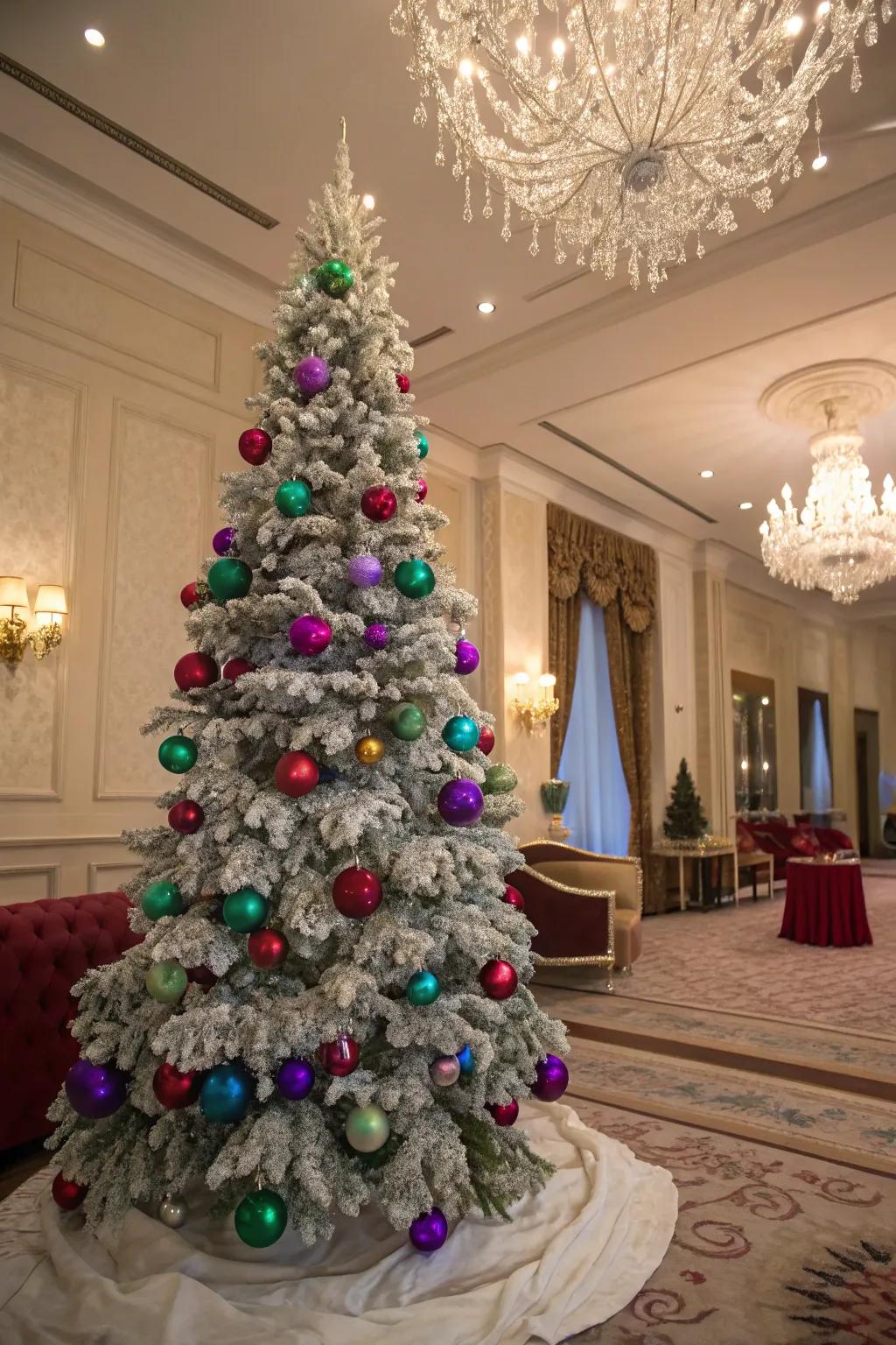 A jewel tone-themed flocked Christmas tree.