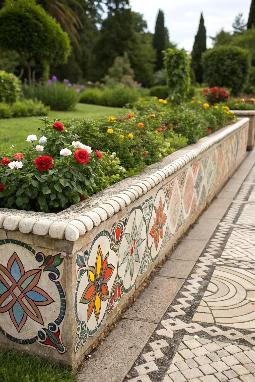 Mosaic stones create a colorful and artistic flower bed border.