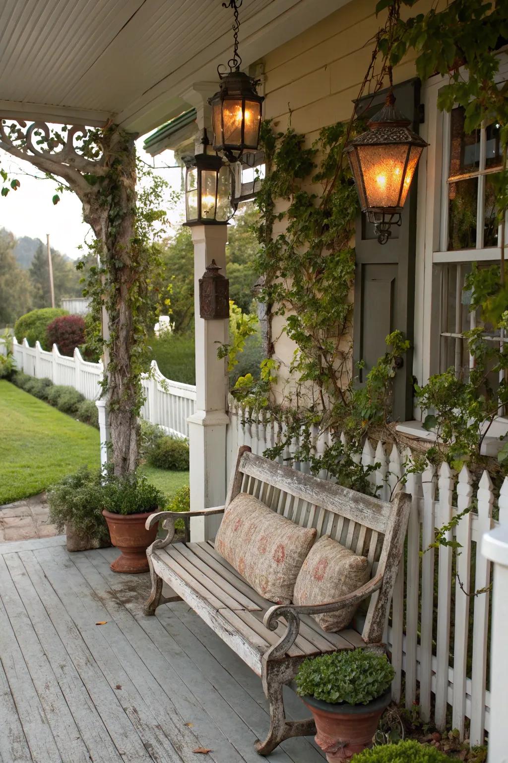 A vintage bench adds history and nostalgia to the porch.