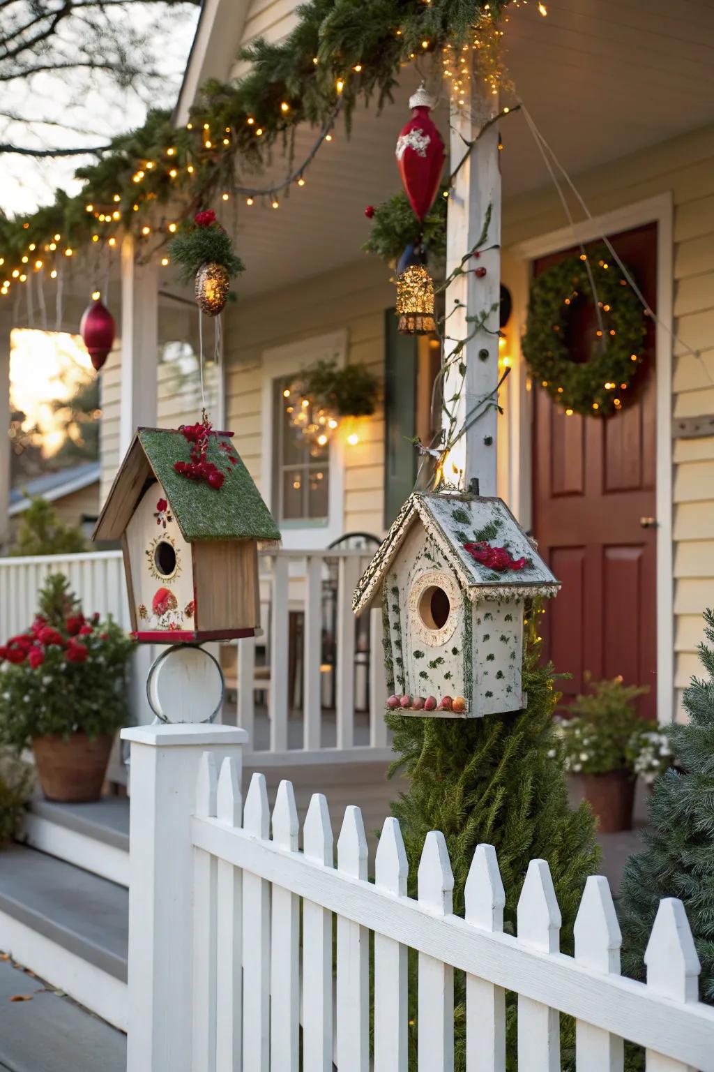 Birdhouses add a whimsical touch to your holiday porch decor.