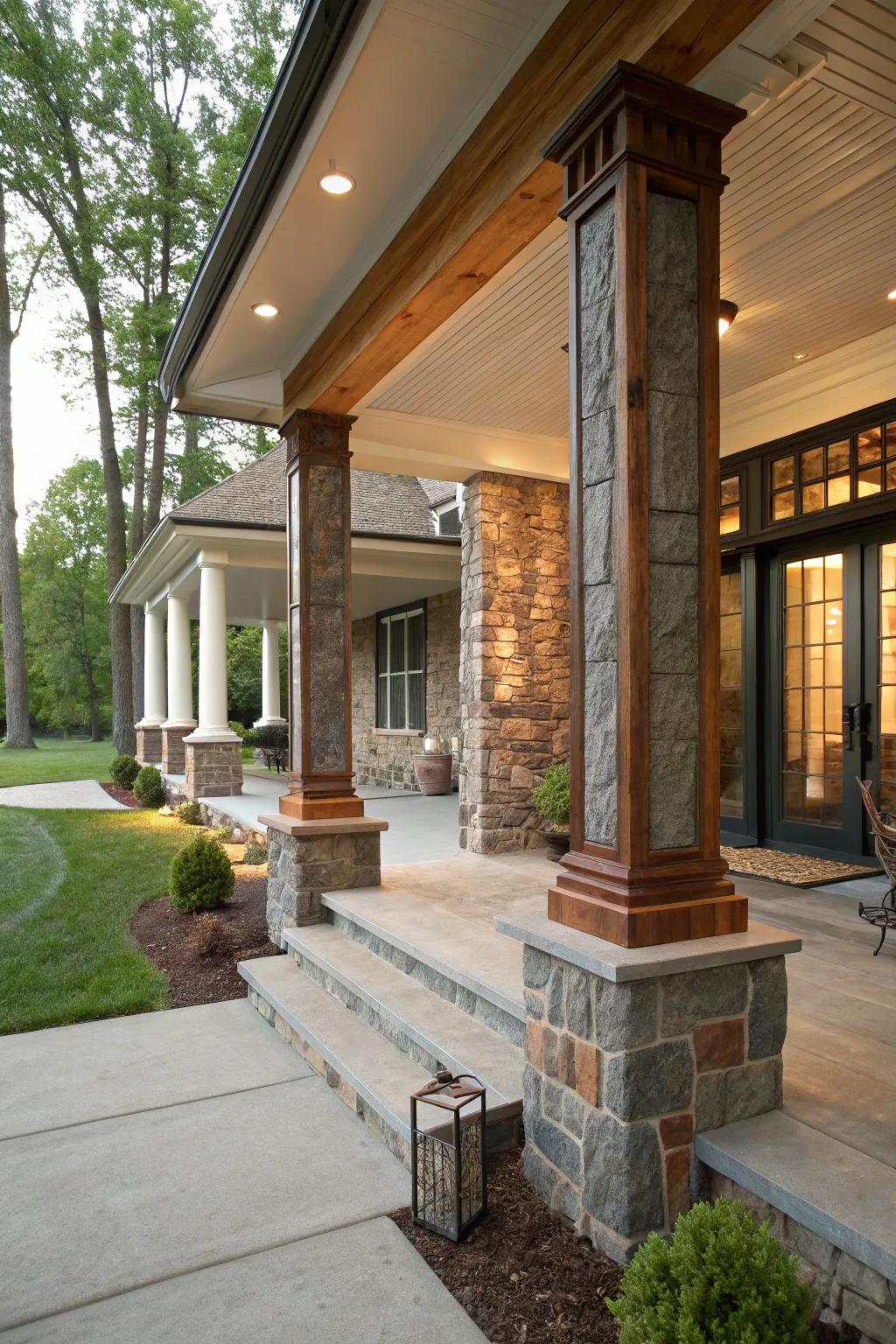 Mixed materials on columns create an eclectic and personalized porch design.