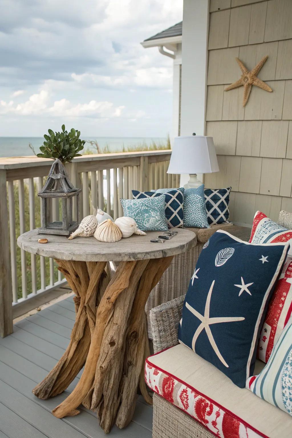 A driftwood accent table adds a coastal vibe to your porch.