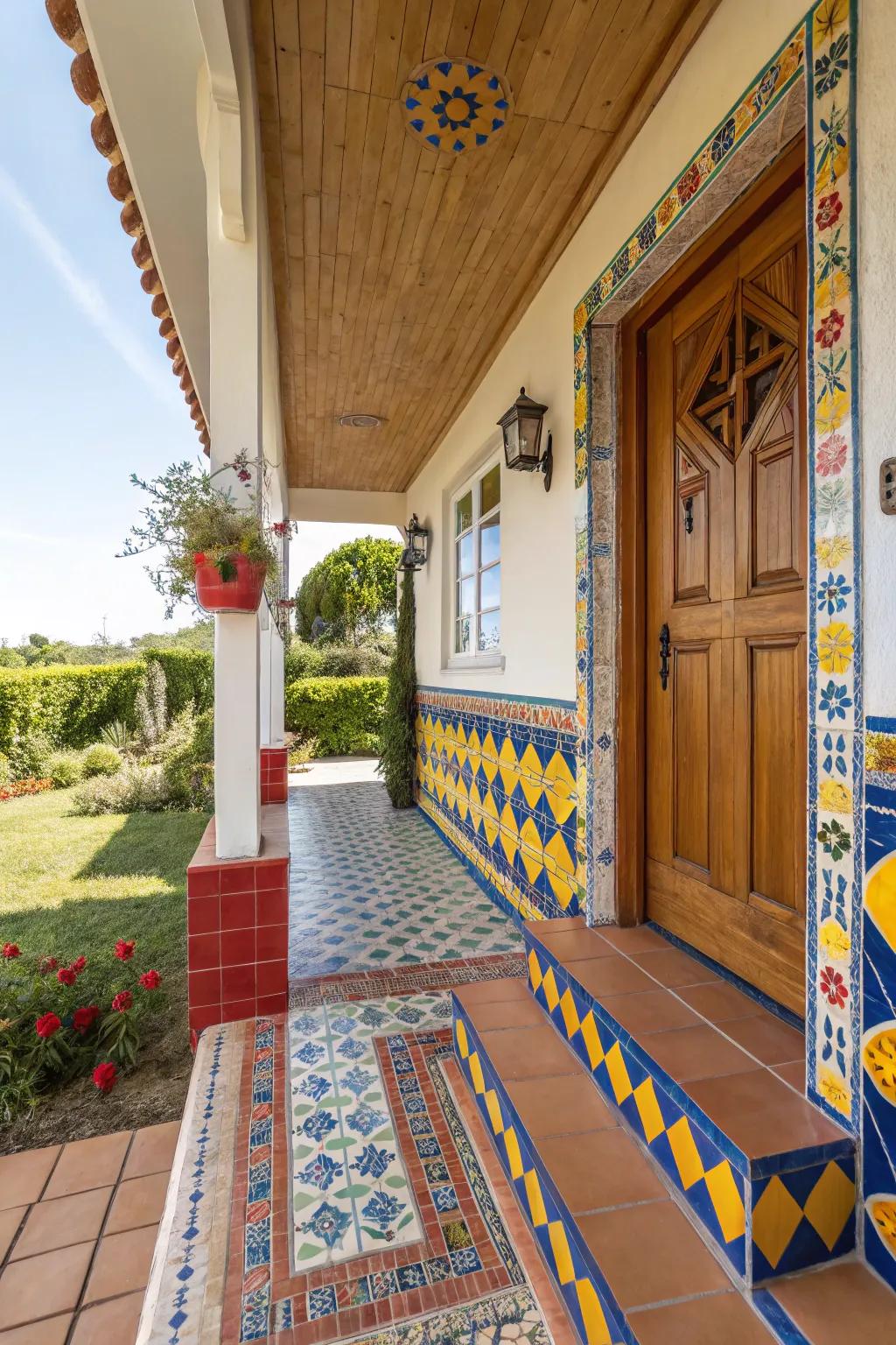 Bright tiles infuse your porch with vibrant energy.