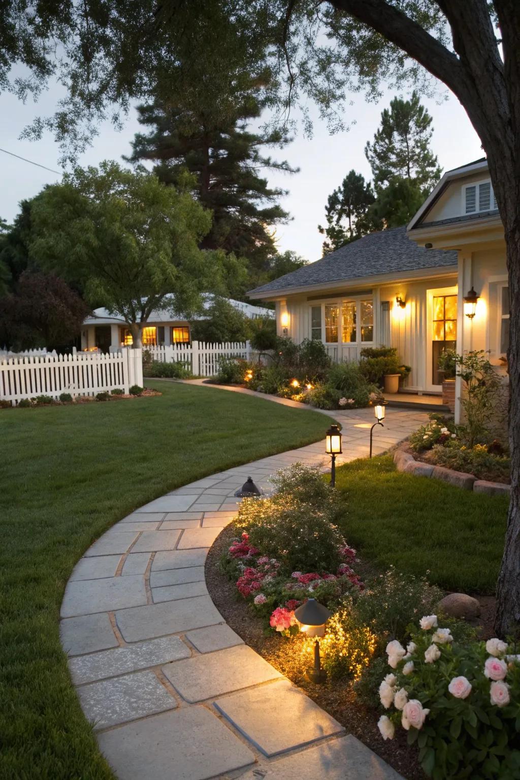 Ambient lighting enhancing the front yard's nighttime appeal