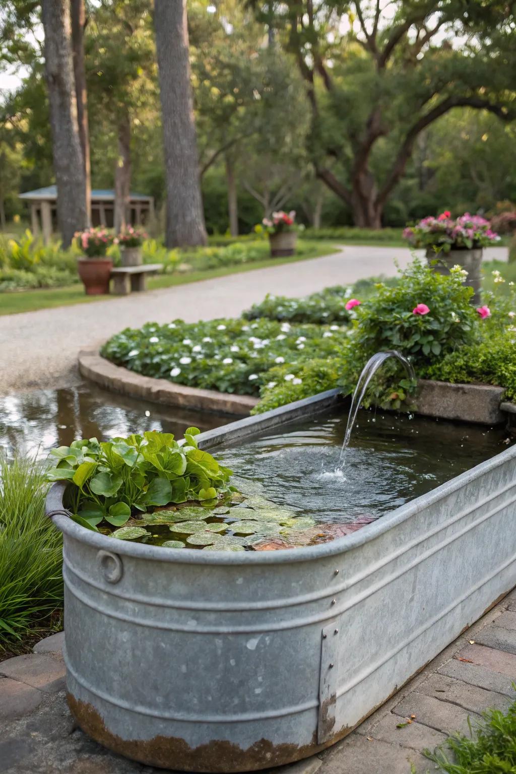 Floating plant islands add a unique touch to a trough fountain.