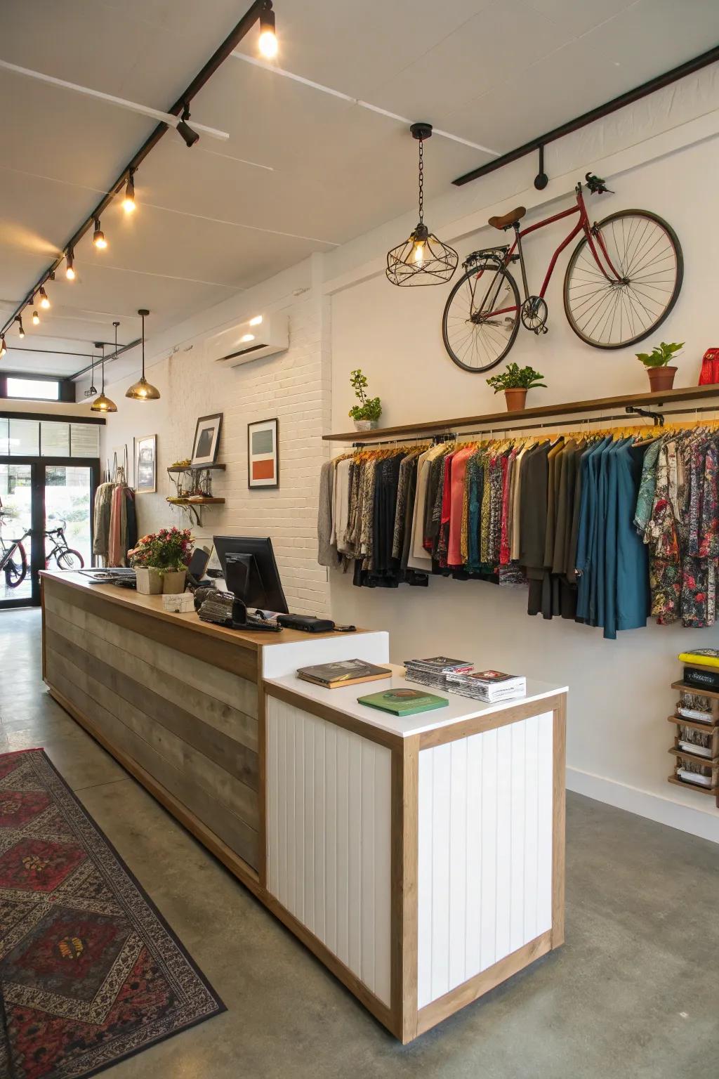 Functional and stylish checkout area in a garage boutique.