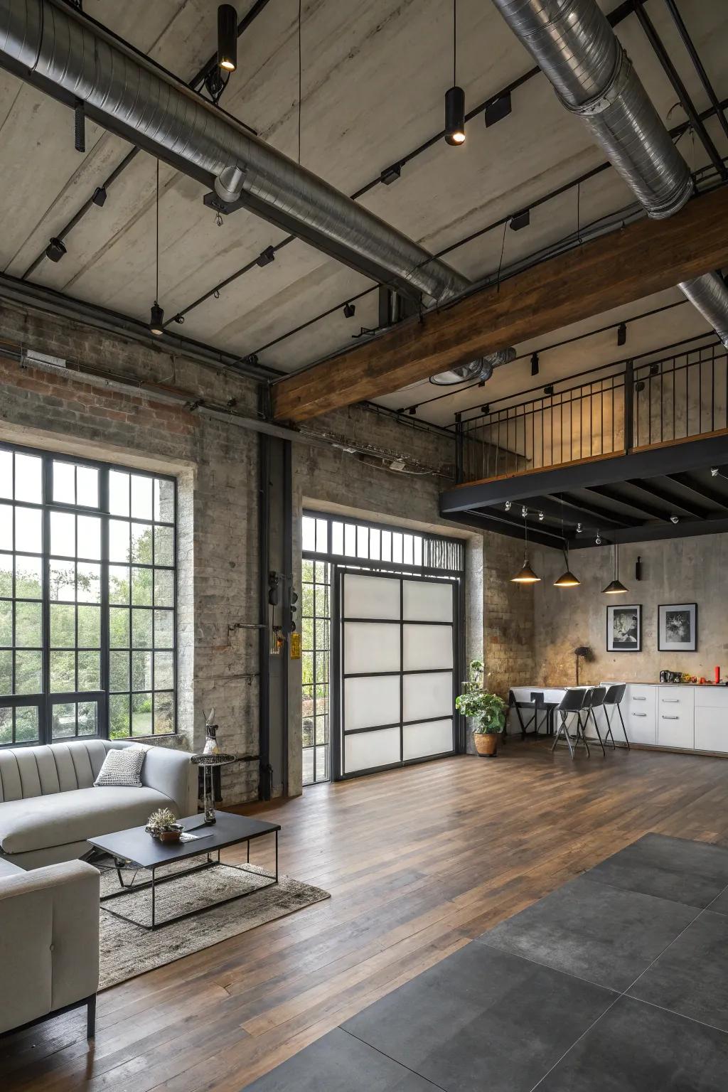 An industrial chic design for a modern garage loft.