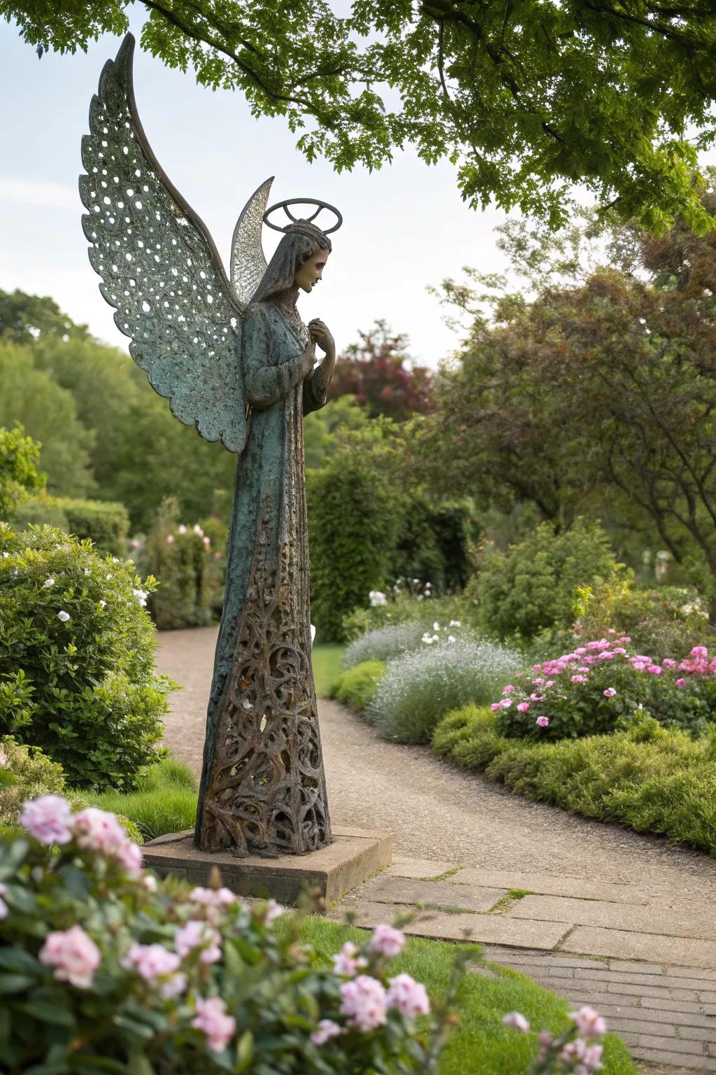 DIY recycled metal angel for a green garden.