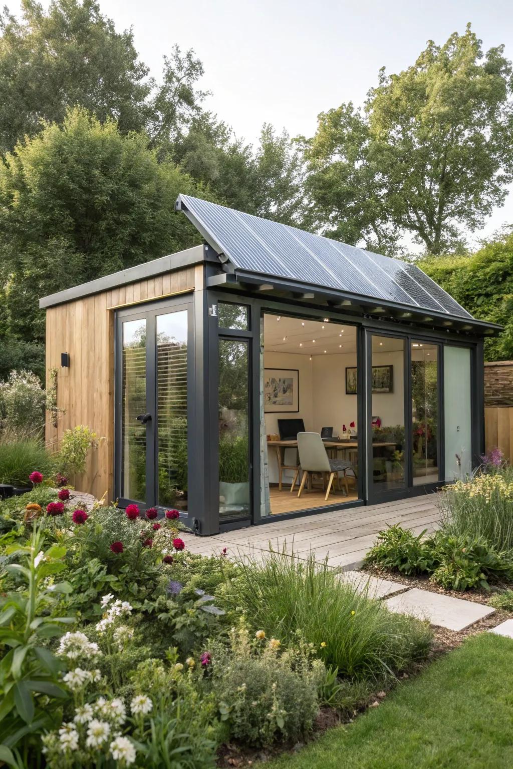 An eco-friendly solar-powered garden office, embracing sustainable energy solutions.