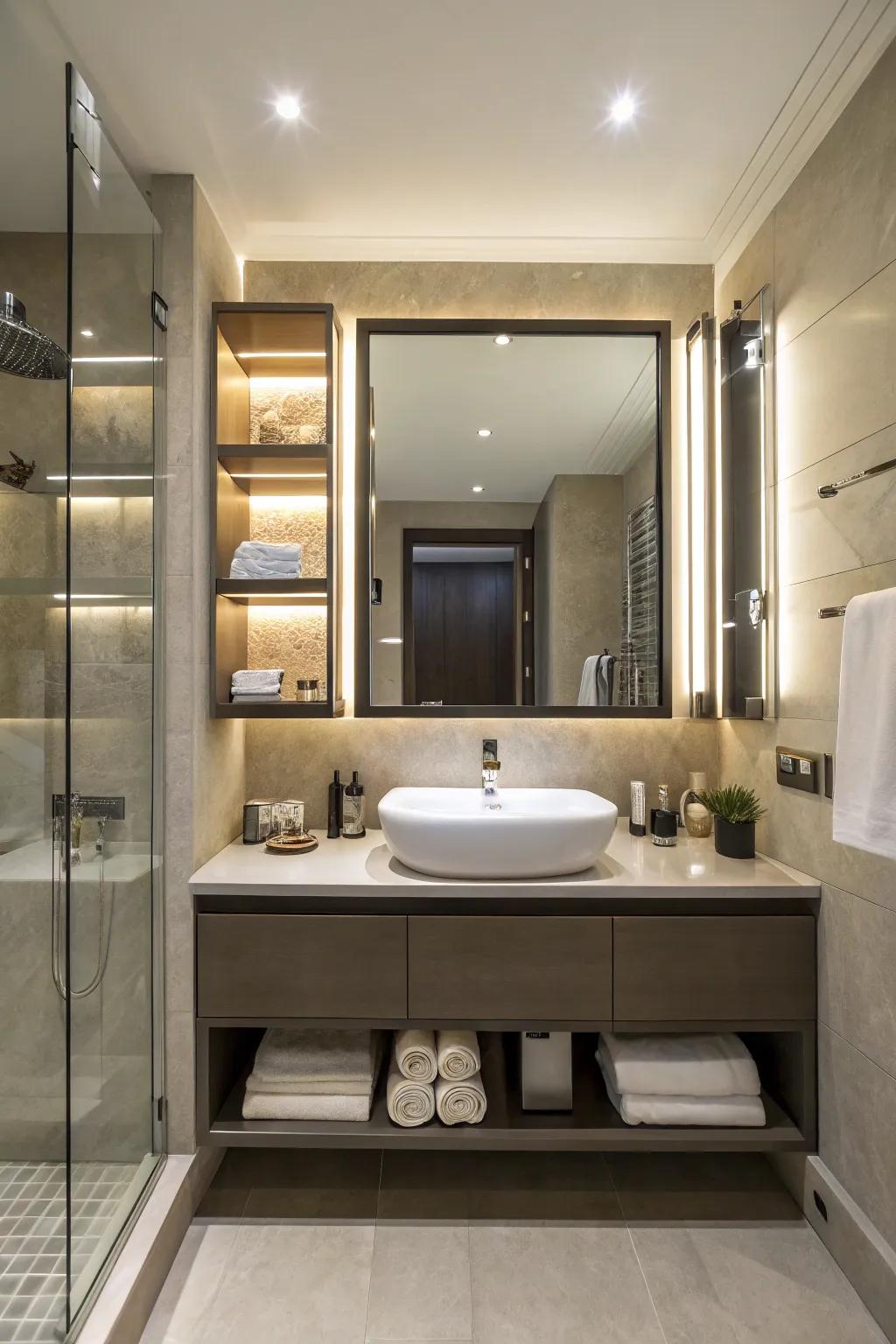 A modern bathroom featuring a smart mirror and contemporary fixtures.