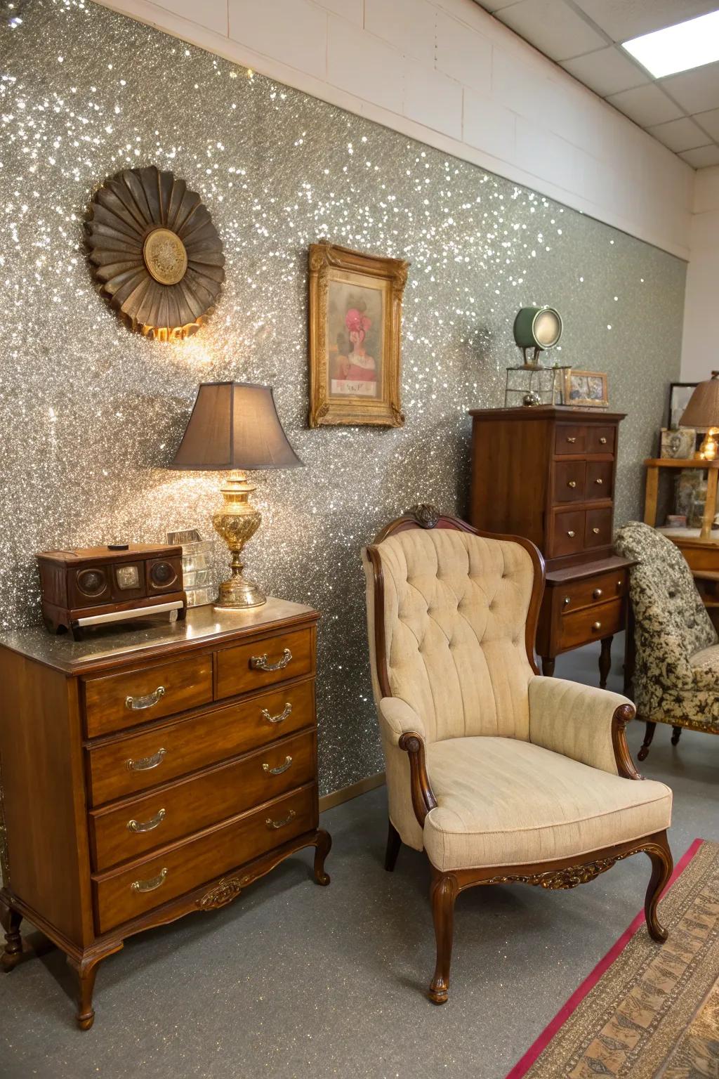 A glitter accent wall brings vintage glam to a room.