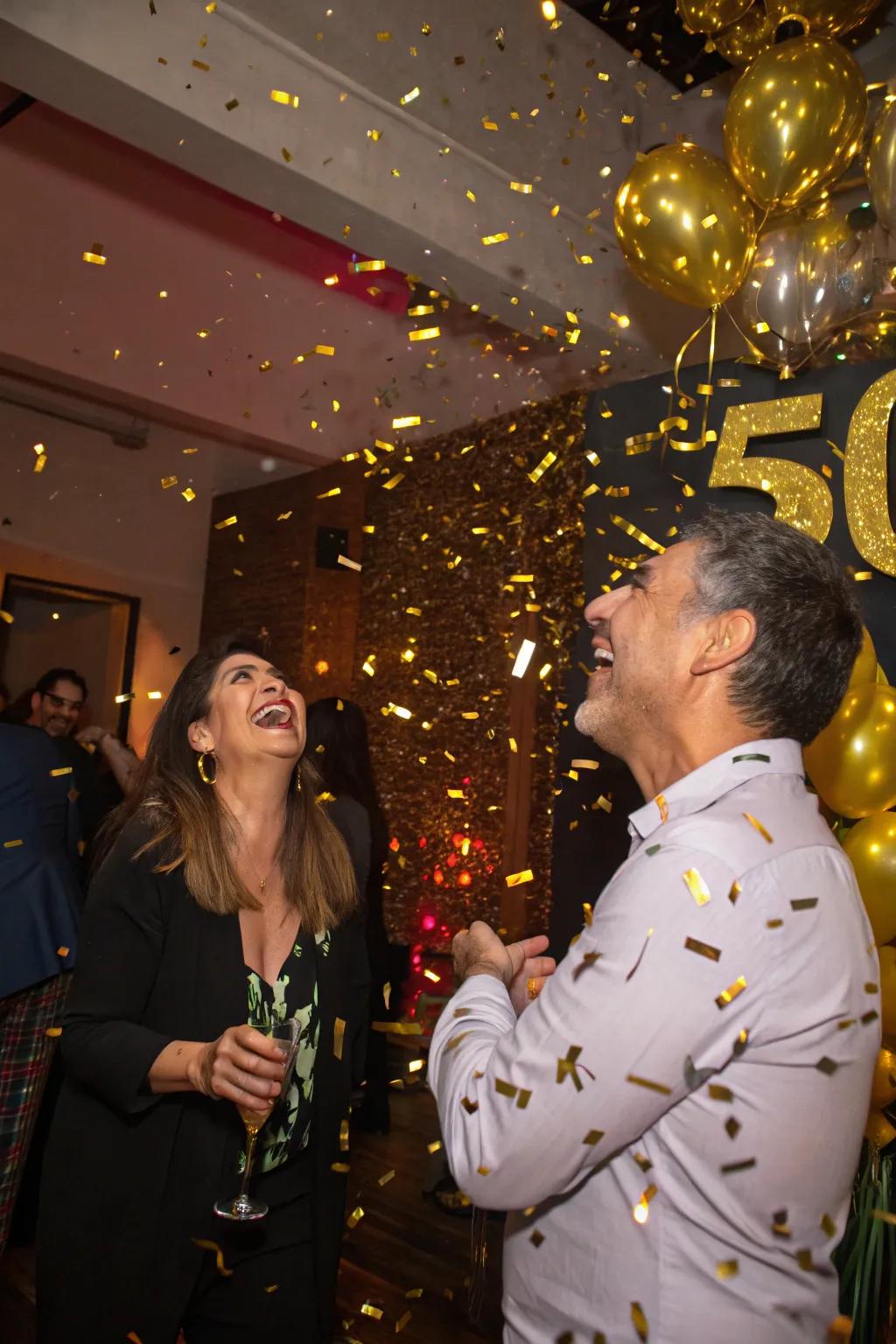 A gold confetti shower creates a magical ending to the celebration.