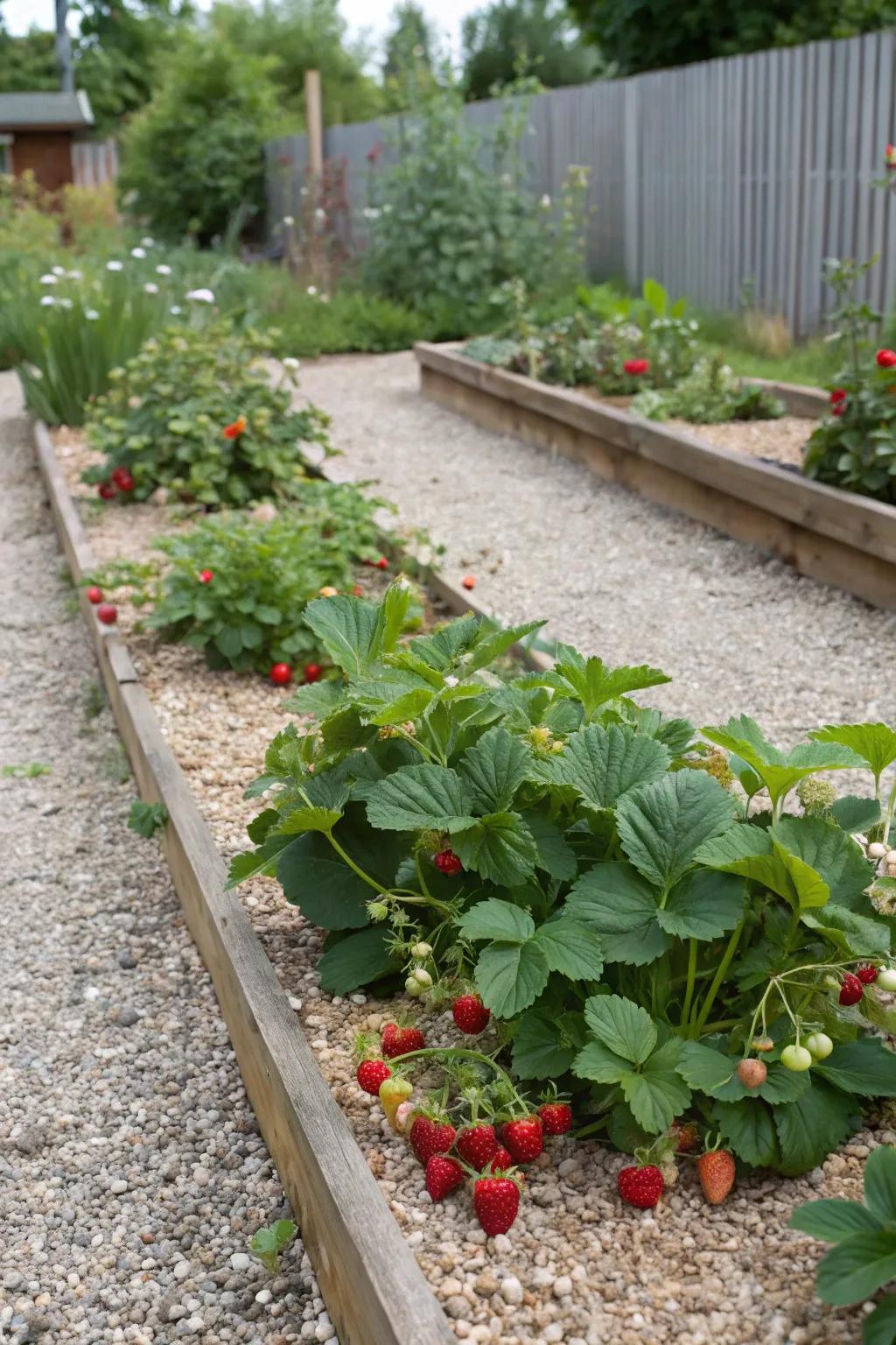 An edible gravel flower bed featuring strawberries