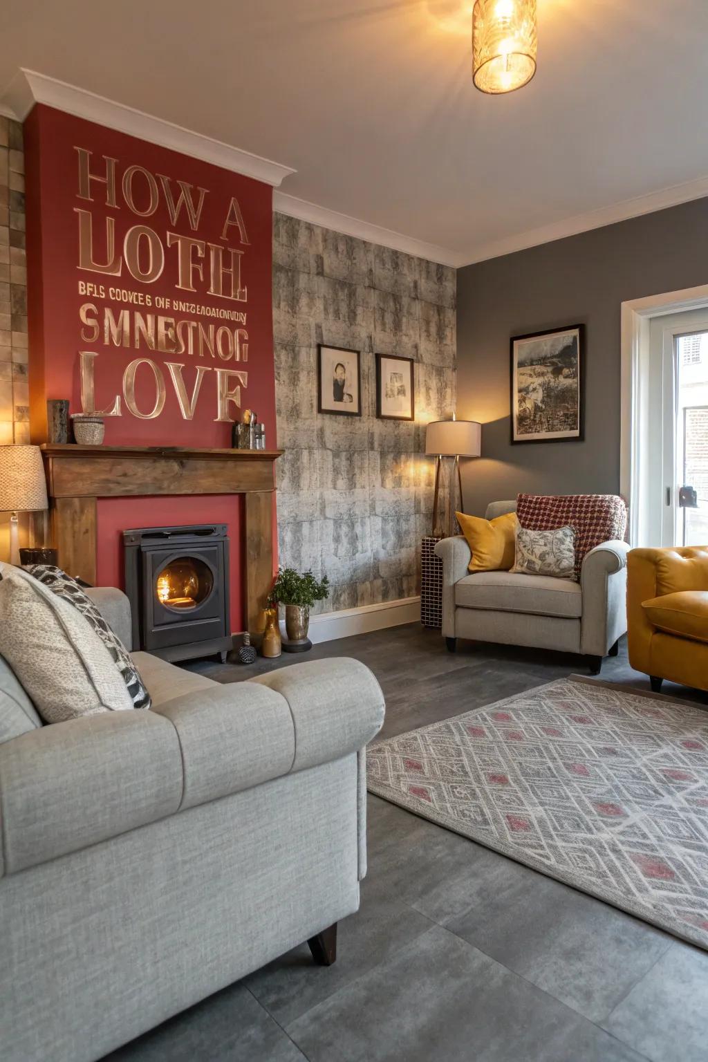 A statement wall adds personality to grey flooring.