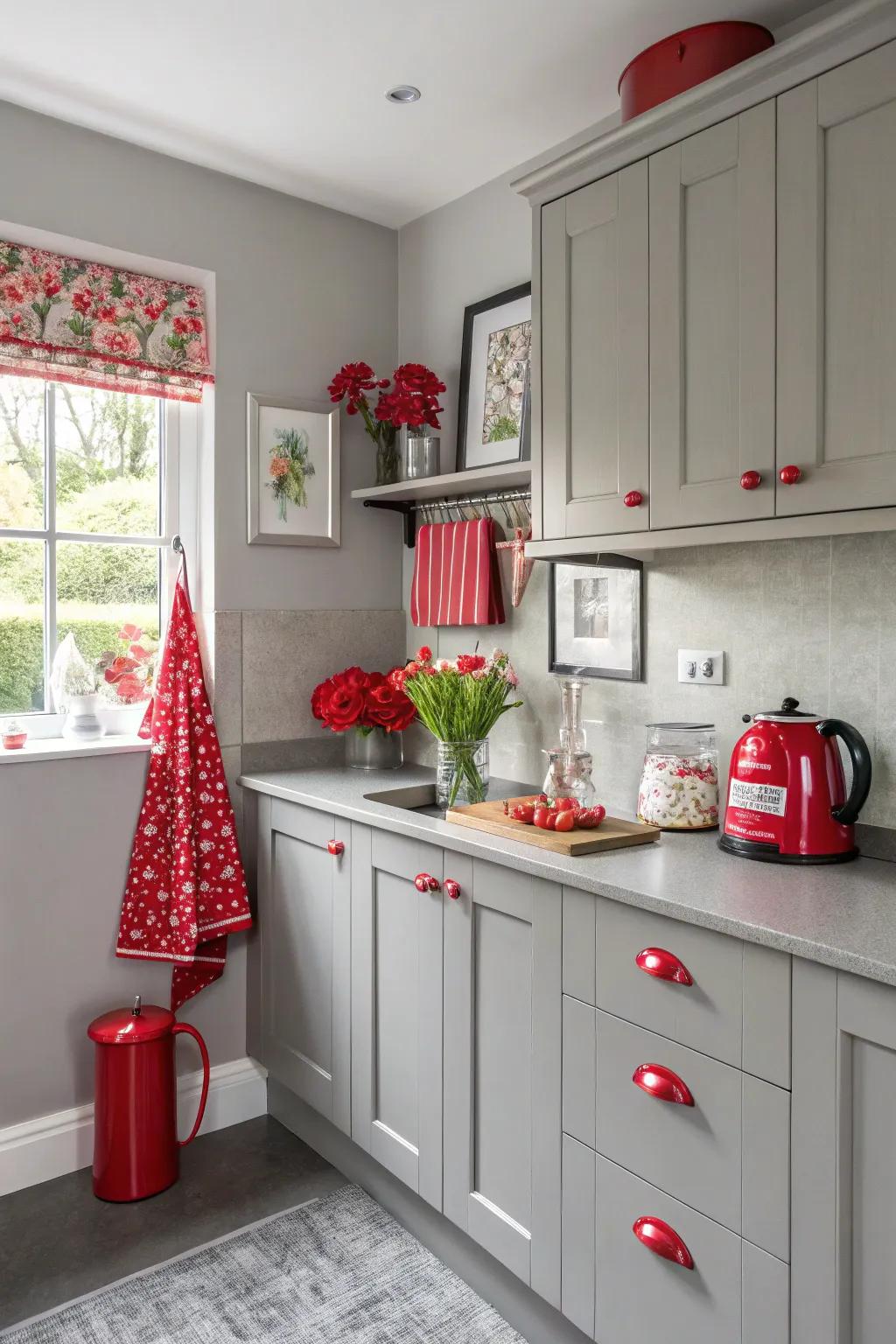 A pop of color turns a grey kitchen into a visual delight.